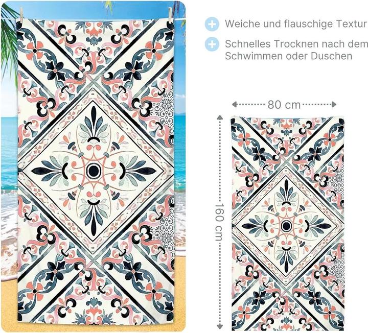 Image du produit Hermex Serviette de plage carrelage méditerranéen drap de bain drap de plage serviette de bain (80 x 160 cm)