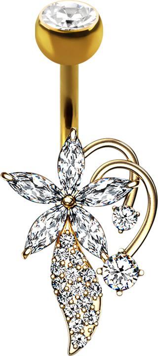 Star Piercing Banane 14k vergoldet mit Kugel Kristall silber Kristallblume und Strauss (Messing, Chirurgenstahl 316L)