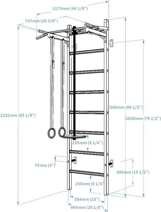 Actual product image BenchK Wall bars 222 with multi pull-up bar, rope & rings