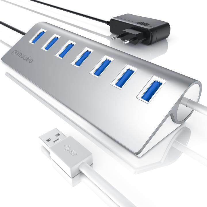 Actual product image Primewire 7 Port USB 3.2 Hub with Power Supply,USB Hub Brushed Aluminium Housing (USB-A, 7 Ports)