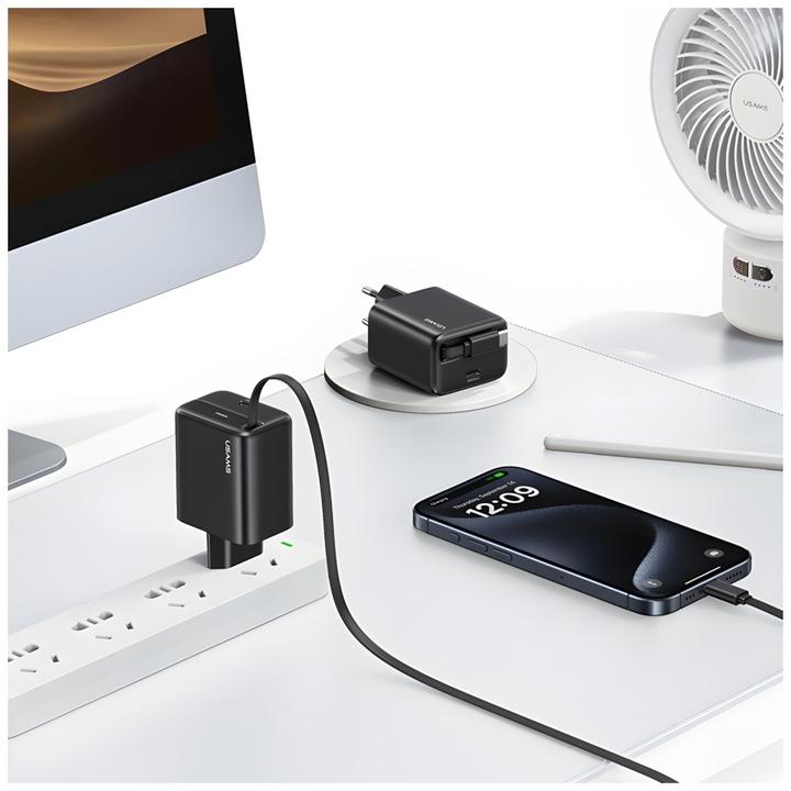 Immagine prodotto Usams Ład. siec. 1xUSB-C ze zwijanym kablem USB-C Retractable PD+QC 30W Gan Fast Charging czarny/bla (30 W)