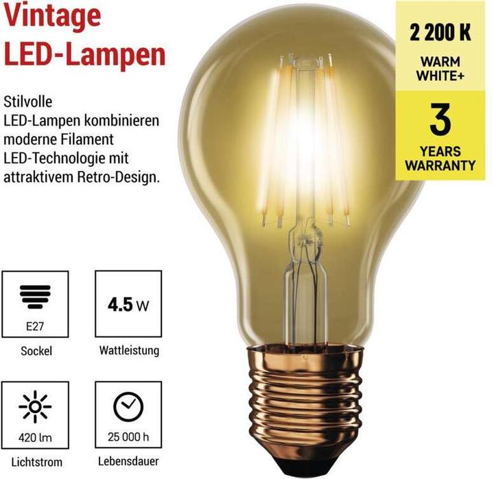Produktbild Emos LED Lampe Vintage A60 / E27 / 4,5 W (40 W) / 420 lm / Warmweiss (E27, 4.50 W, 420 lm, 1 x, F)