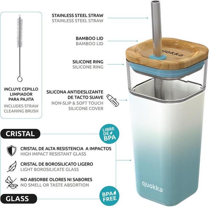 Actual product image Quokka Cube glass 540 ml - drinking container with straw - Teal Gradient (0.54 l)