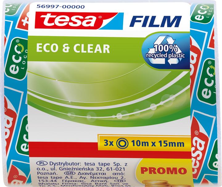 tesa 3x tesafilm ECO & CLEAR, lösungsmittelfrei und alterungsbeständig (15 mm)
