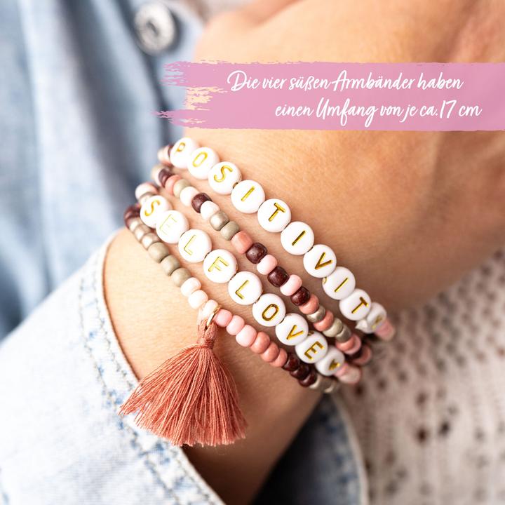 Produktbild Papierdrachen 4 Perlenarmbänder – POSITIVITY und SELFLOVE (Kunststoff, Gummi, Stoff)