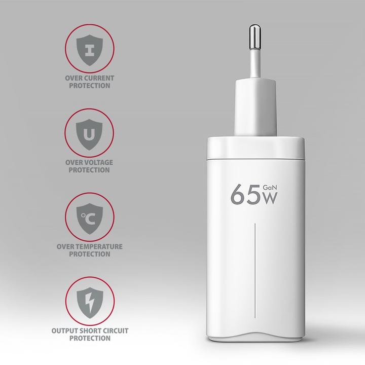 Produktbild Axagon ACU-DPQ65W, GaN nabíječka do sítě, 3x port (USB-A + dual USB-C), PD3.0/QC4+/PPS/Apple (65 W)