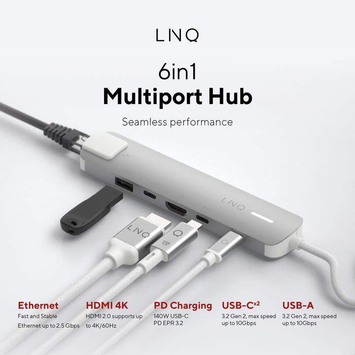 Actual product image LINQ Connects 6in1 PRO USB-C Multiport Hub 140W (USB-C, 6 Ports)