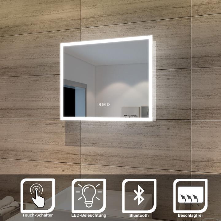 Produktbild SONNI LED-Badezimmerspiegel, 60 x 50 cm, beschlagfrei, Wandspiegel mit Bluetooth-Lautsprecher, Kaltw (60 x 50 x 100 cm)
