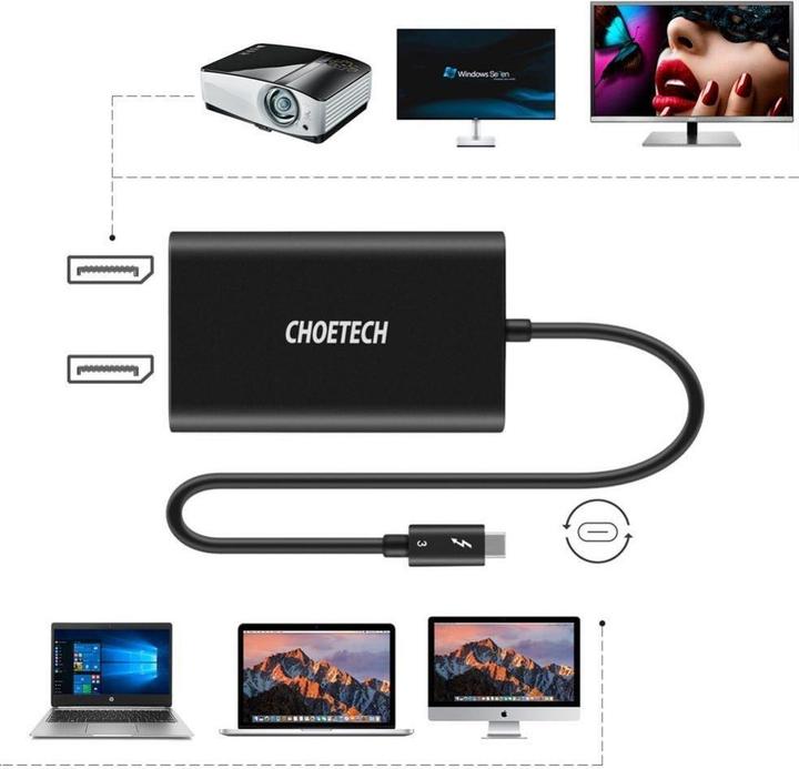 Immagine prodotto Choetech Adattatore da USB Type-C Thunderbolt 3 (40 Gbit/s) a 2 x DisplayPort 4K 60 Hz Nero (HU (USB-C, 8.50 cm)