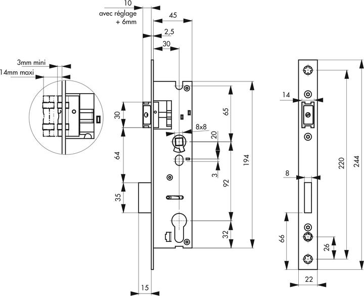 Actual product image Thirard Boitier de serrure encastrable à cylindre pour porte métallique, axe 30mm, bouts carrés - (Mortise lock)