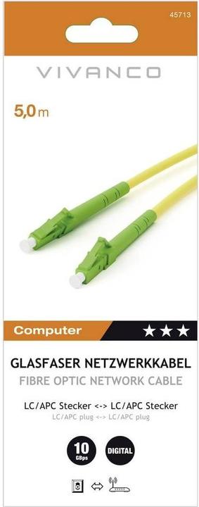 Produktbild Vivanco Glasfaser Netzwerkkabel, LC/APC Stecker <> LC/APC Stecker, 10Gbit/s, 5m, gelb (UTP, 5 m)