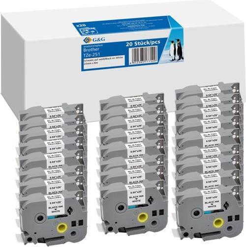 Produktbild G&G 20x Schriftband 24mm x 8m sw ws komp. m. Brother TZe-251 (2.40 cm, Schwarz)