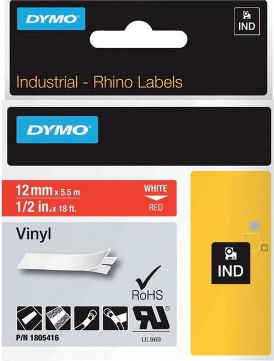 Dymo Rhino 12mm weiß auf rot Vinyl (1.20 cm, Rot)