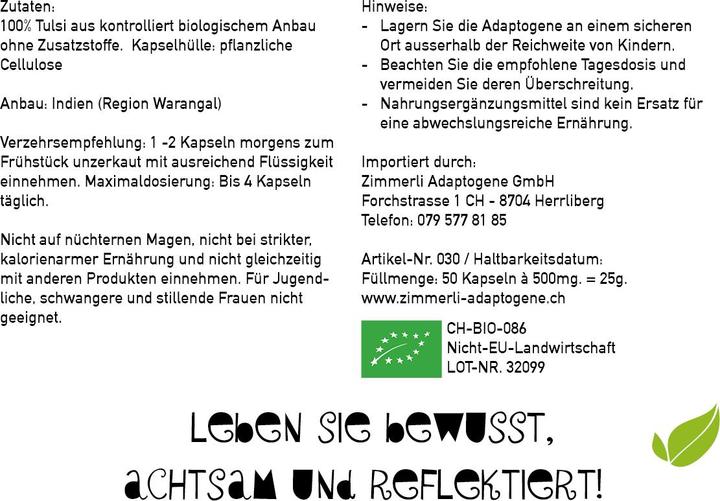 Nährwerte und Zutaten Zimmerli Adaptogene Tulsi Kapseln (BIO) 50 Kapseln (1 Stück, Kapseln, 25 g)