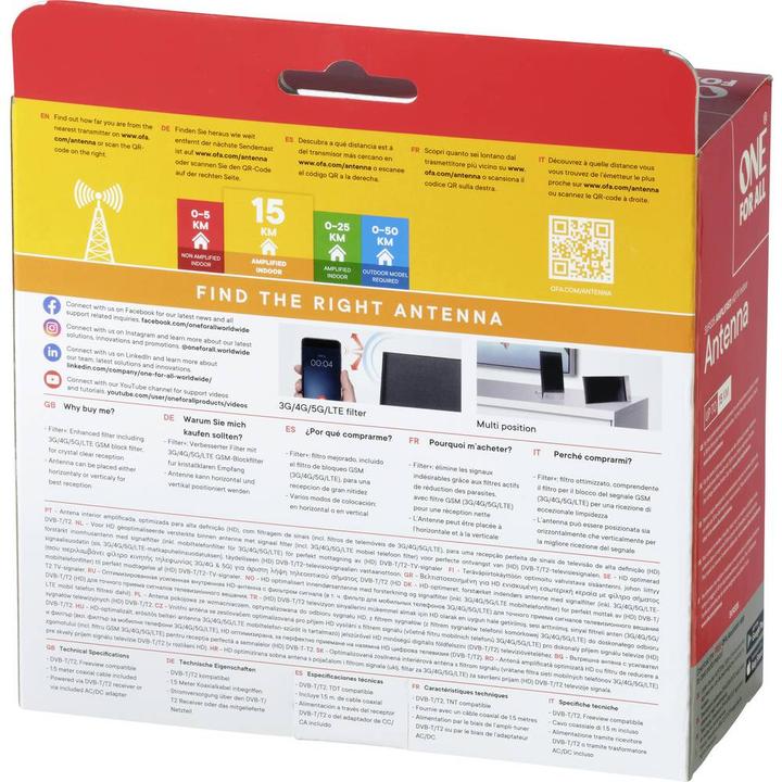 Image du produit One for All DVB-T2 Alu EDGE Antenne 5G (Antenne plate, 42 dB, DVB-T / -T2)