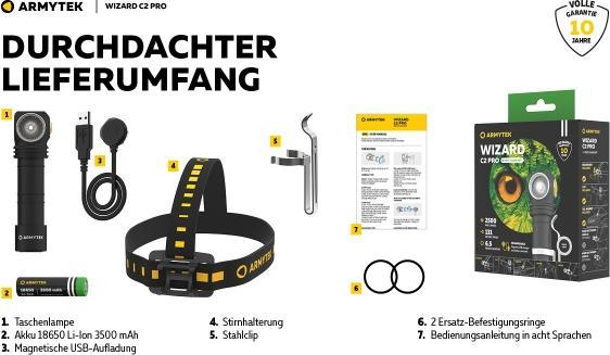 Produktbild ArmyTek Wizard C2 Pro v4 Magnet USB+ABM01+18650 / XHP50.2 White / 2500 lm / TIR 70°:120° / 1x1865... (11.20 cm, 2500 lm)