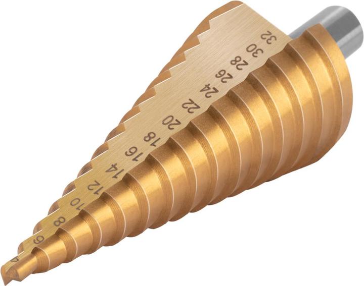 Immagine prodotto Stahlwerk Set di 3 punte per trapano a gradini in HSS con rivestimento TiN e scatola in alluminio (4-12 mm, 4-20 mm, Ø 4-32 mm)