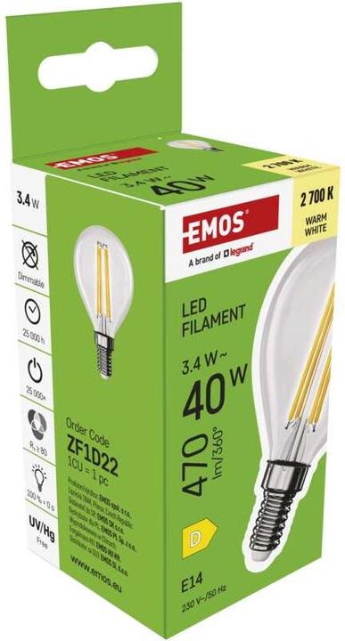 Immagine prodotto Emos Lampada LED Filament Mini Globe / E14 / 3,4 W (40 W) / 470 lm / Bianco caldo (E14, 3.40 W, 470 lm, 1 x, D)