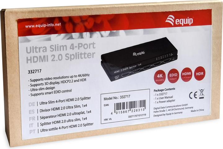 Produktbild equip HDMI Splitter 2.0 4 Port Ultra Slim 4K/60Hz schwarz
