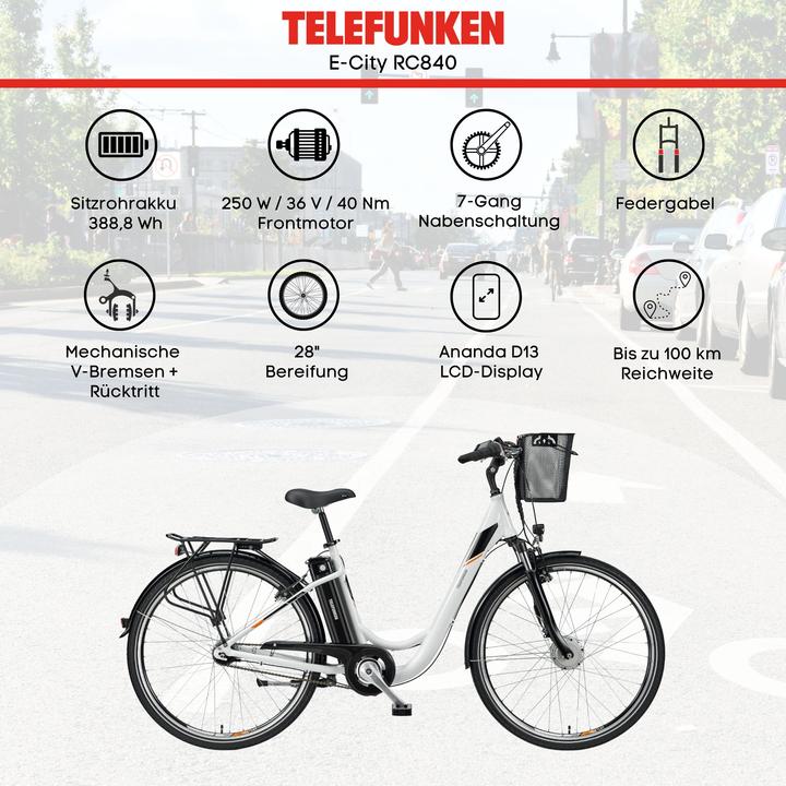 Produktbild Telefunken Multitalent RC840, City E-Bike, Motor power 250 W, Wheel size 28 ", Warranty 24 month(s), White (48 cm)