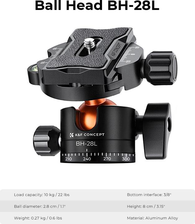 Image du produit K&F Concept T255A3+BH-28L Trépied en alliage d'aluminium et de magnésium (Métal)