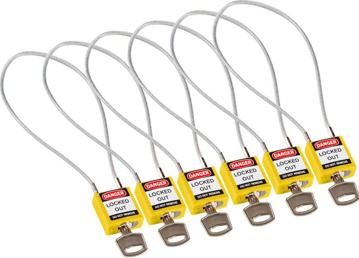 Brady Compact nylon safety lock with cable shackle, yellow, 400mm cable length, 4.7mm PVC-coated