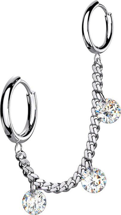 Image du produit Star Piercing Boucle d'oreille argent Chaîne avec boucle d'oreille et trois cristaux (sans laiton, Acier chirurgical 316L)