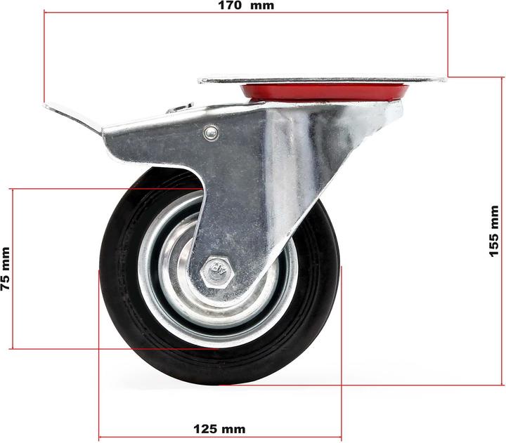 Immagine prodotto Wiltec Set di rulli da trasporto 125mm 2x Ruota a doppio arresto e 2x Ruota fissa, pneumatici pieni