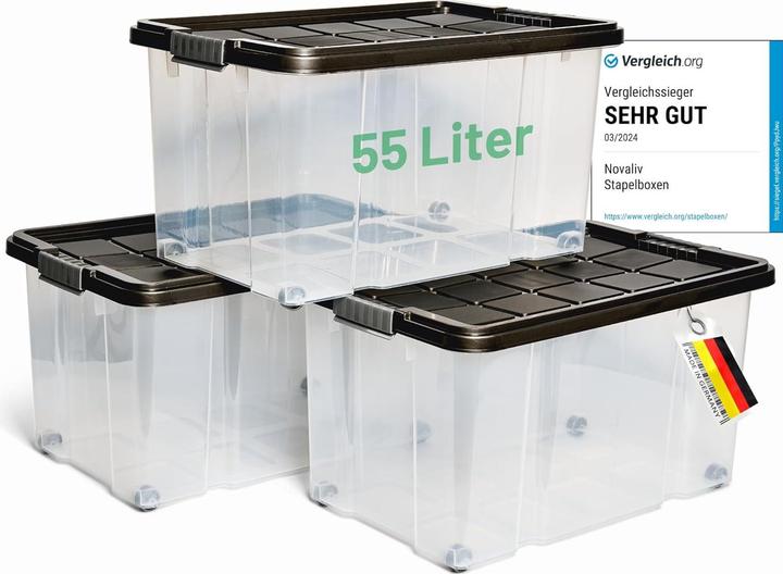 Produktbild Novaliv 3x Aufbewahrungsboxen mit Deckel Gross 55L Anthrazit Nestbar stapelbar mit Clipverschluss Rol (55 l)