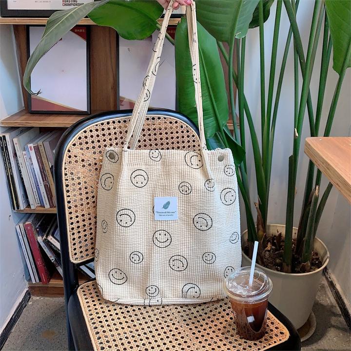 Only-Bags.Store Retro Corduroy Tote Bag, Lächelndes Gesicht Druck Umhängetasche, einfache Handtasche für Schule
