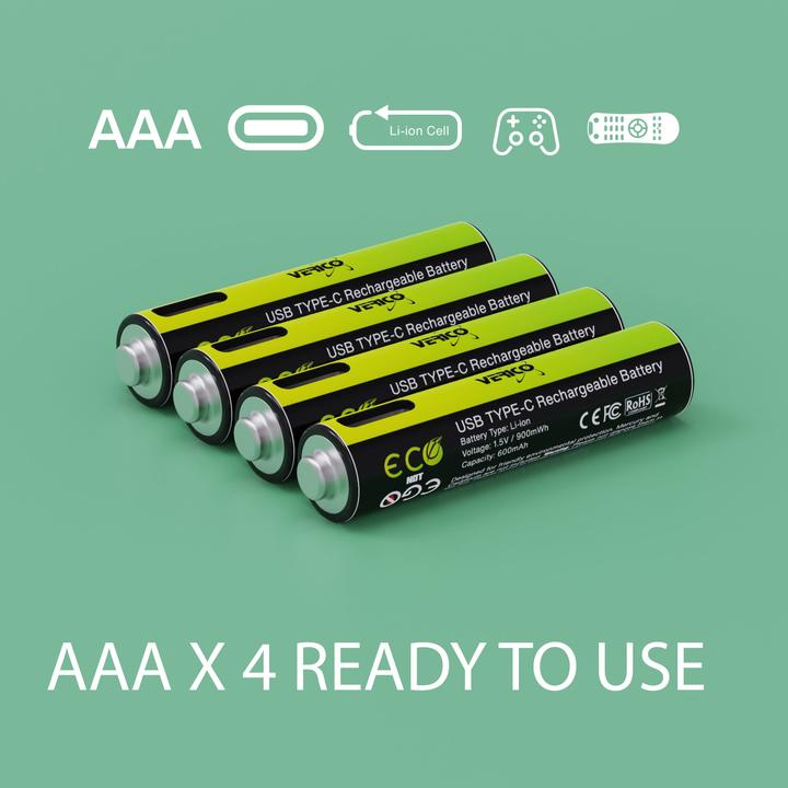 Actual product image Verico Li-Ion USB-C Micro AAA Battery 1.5V 900mWh 600mAh chargeable via USB (4 pcs., AAA, 600 mAh)