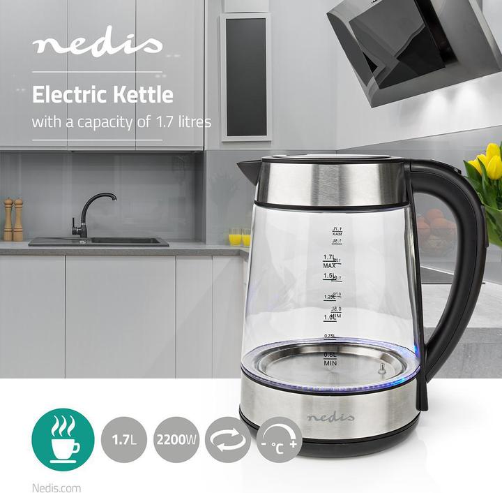 Produktbild Nedis Wasserkocher - Glasgehäuse - Temperaturanzeige - Variable Temperaturen (60, 70, 80, 90, 100 (1.70 l, EU-Stecker)
