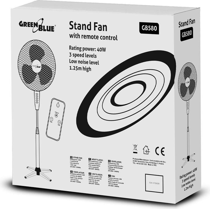 Produktbild Greenblue Bodenventilator, 40 W, 3 Luftstromstufen, 1,25 m Höhe, 1,5 m Kabel, mit Fernbedienung und Timer bis (53 dB)