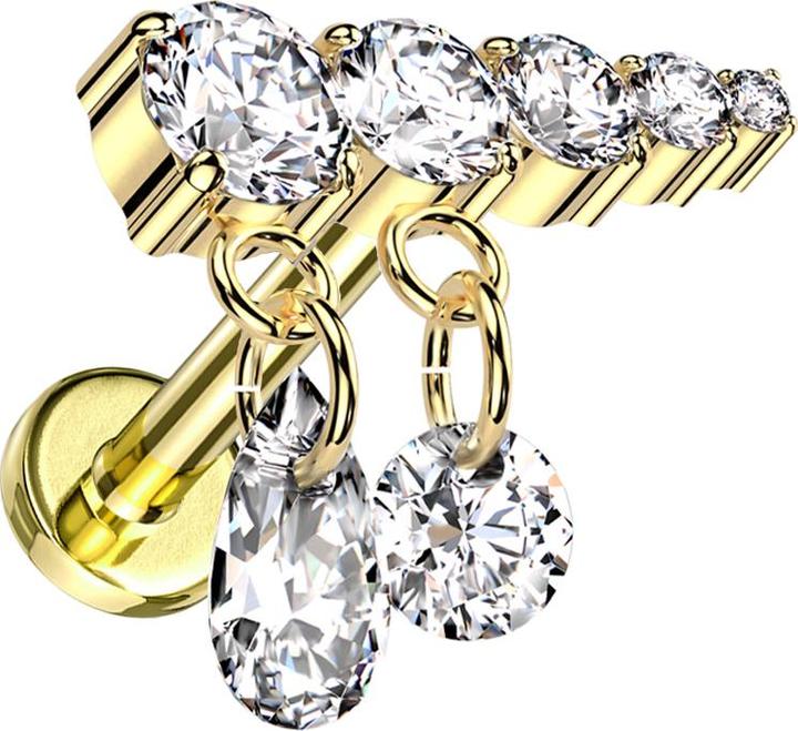 Hollywood Body Jewelry Micro Labret Innengewinde vergoldet fünf Kristalle silber Anhänger zwei Ketten Kristalle silber rech (Titan G23)