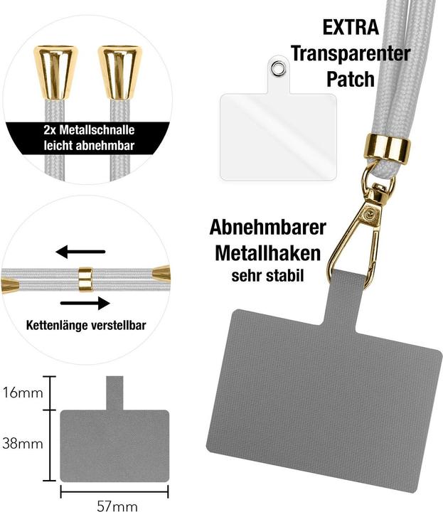 Immagine prodotto Nalia Handyband + Pad für Hülle zum Umhängen, Karabinerhaken Anhänger aus Metall (gold)