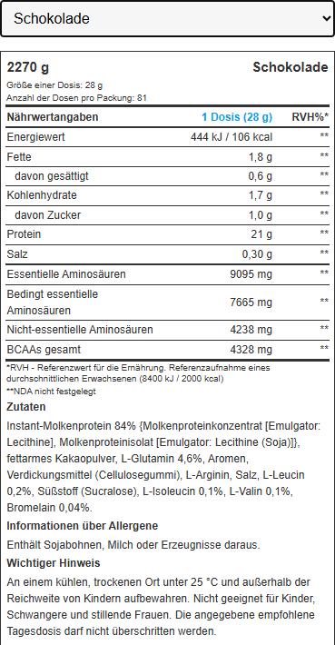 Nährwerte und Zutaten Biotech USA 100 Pure Whey (Schokolade, 1 Stk., 2270 g)