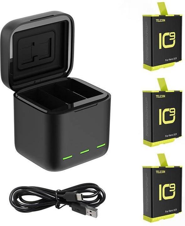Actual product image Telesin Three-channel box charger + 3 batteries (Hero 10, Hero 9)