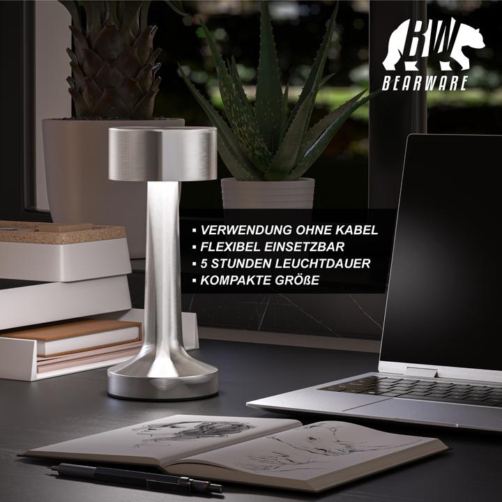 Produktbild Bearware LED Tischleuchte, dimmbar, kabellos, Akku, Touch, Nachttischlampe, Schreibtischlampe, Edelstahl