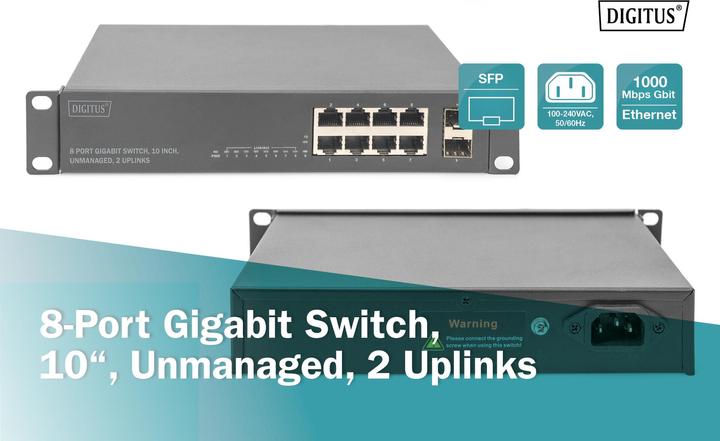 Produktbild Digitus 8-Port Gigabit Switch, 10-Zoll, Unmanaged, 2 Uplinks (8 Ports)