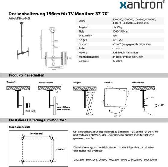 Image du produit Xantron Support de plafond pour moniteur pivotant (Plafond, 70", 50 kg)