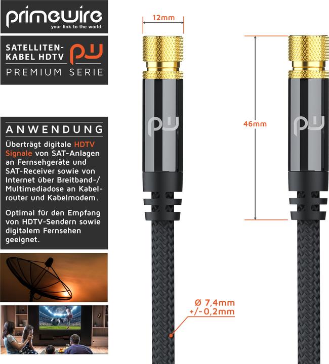 Immagine prodotto Primewire Cavo satellitare HDTV con guaina in tessuto, cavo SAT, 135dB 75 Ohm, 8k, 4k, HDTV, connettore F (135 dB, Cavi antenna)