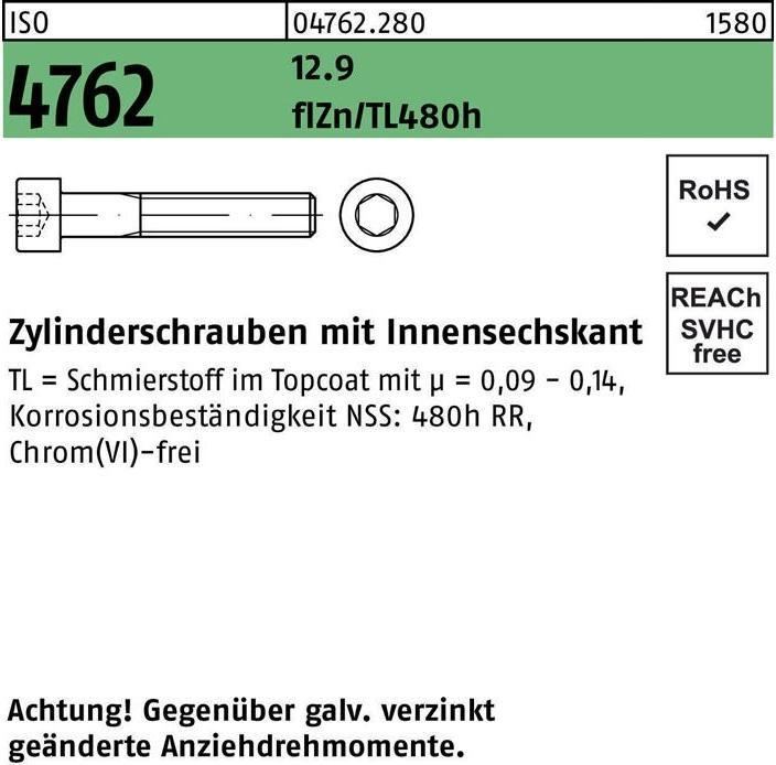 Image du produit Vis à tête cylindrique ISO 4762 à six pans creux M 8 x 70 12.9 zingué Lubrifiant flZnnc 480h-L (200 Vis par pièce)
