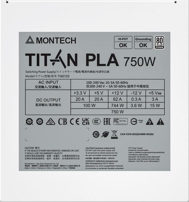Image du produit Montech Titan PLA 750W - 80 PLUS & Cybenetics Platinum, modular, PCIe 5.1 - 750 Watt (750 W)