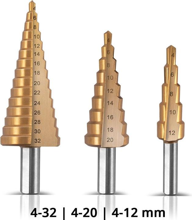 Immagine prodotto Stahlwerk Set di 3 punte per trapano a gradini in HSS con rivestimento TiN e scatola in alluminio (4-12 mm, 4-20 mm, Ø 4-32 mm)