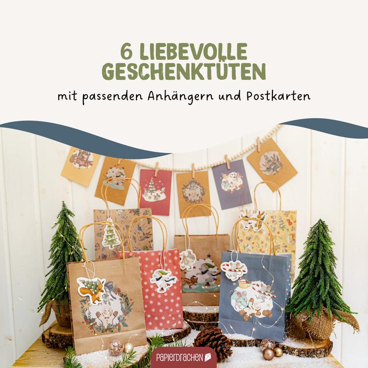 Produktbild Papierdrachen Henkeltütenset goldfoliert Wintertiere (Geschenktüte, 6 x)