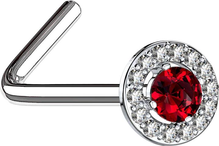 Star Piercing Nasenstecker gewinkelt silber Kristallkreis mit grossem Kristall rot (Messing, Chirurgenstahl 316L)