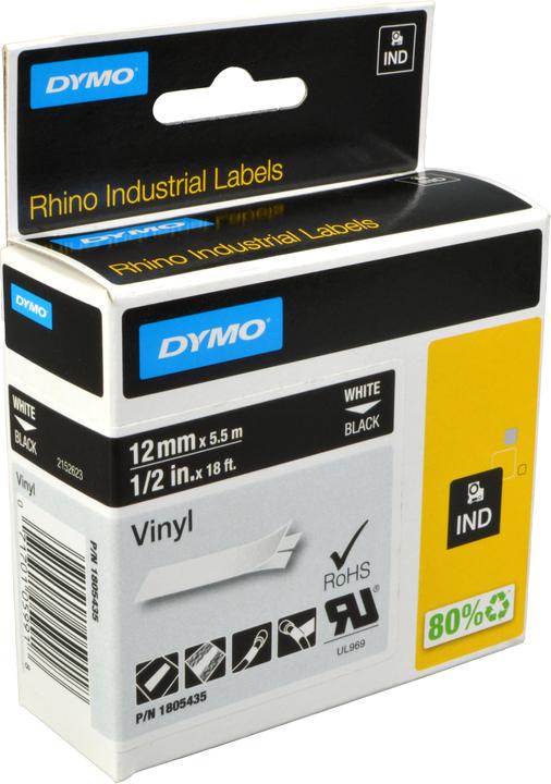 Produktbild Dymo Rhino 12mm weiß auf schwarz Vinyl (1.20 cm, Schwarz)