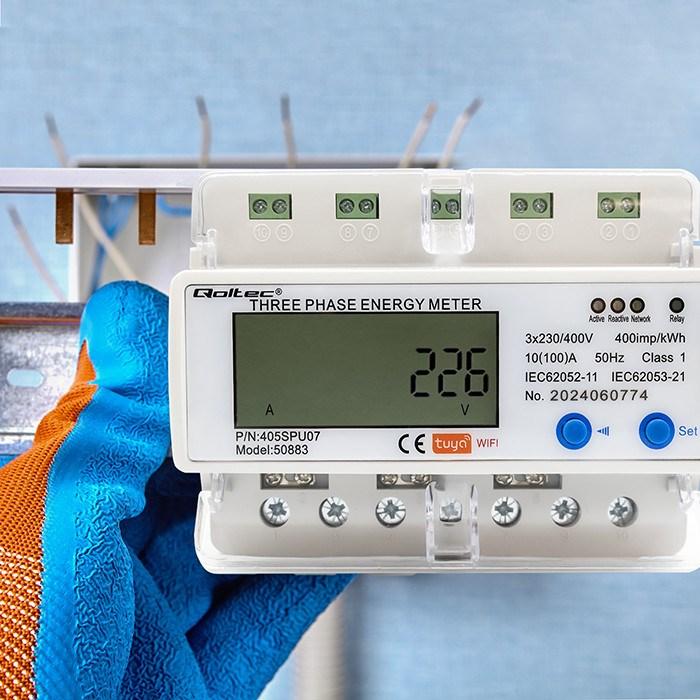 Actual product image Qoltec 50883 Three phase electronic energy consumption meter for DIN rail | Wi-Fi | TUYA | 400V | LC