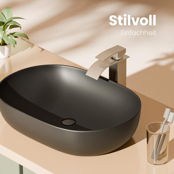 Actual product image Emke Countertop washbasin, 600 x 415 x 135 mm, ceramic, rounded rectangle, matt black (415 mm, 600 mm)
