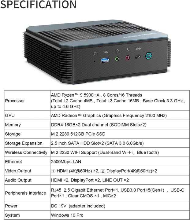 Actual product image Minisforum HX90 Mini PC (Ryzen 9 5900HX, 32GB Ram, 512GB SSD)
